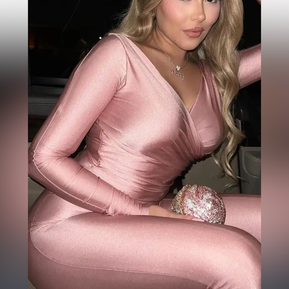 Pink satin pants set